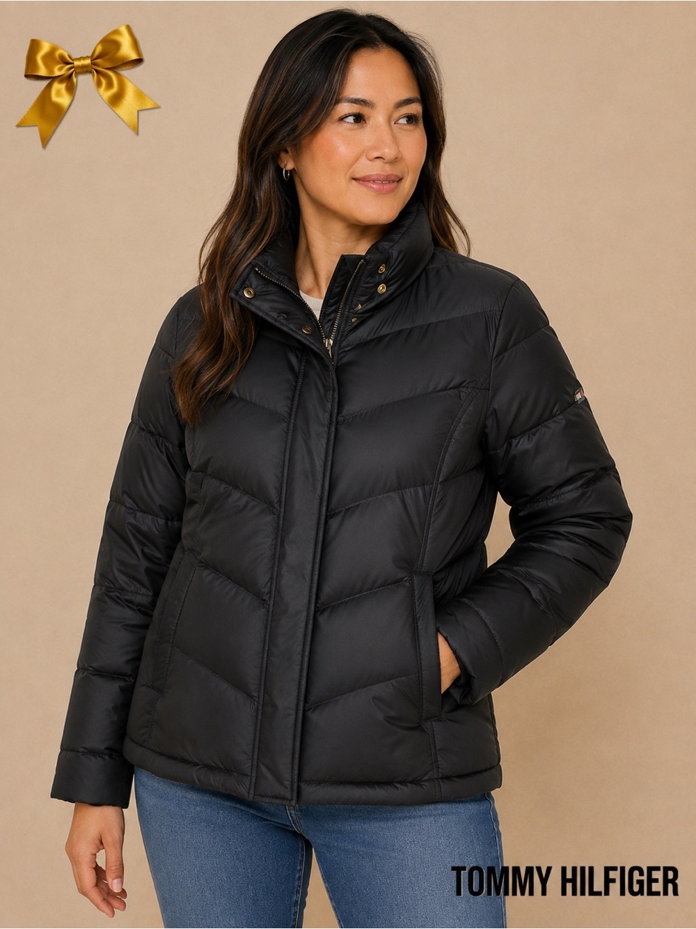 Tommy Hilfiger Down Puffer Jacket High Colla Black Logo Large Vintage